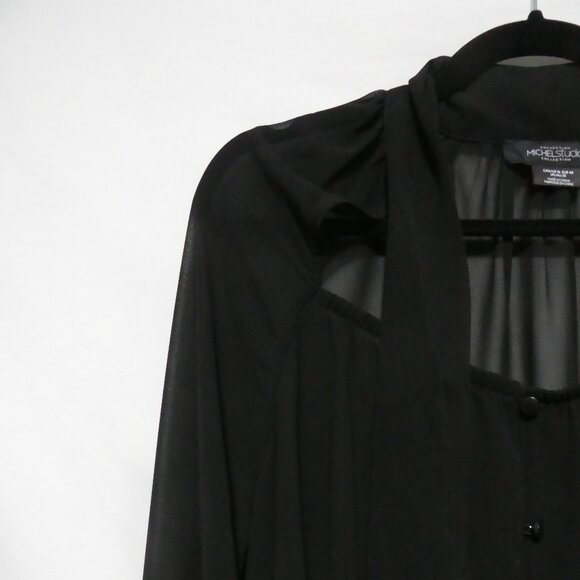 MICHEL STUDIO COLLECTION | size 16 | Black Sheer Button-Up Blouse With Neck Tie - Picture 3 of 14